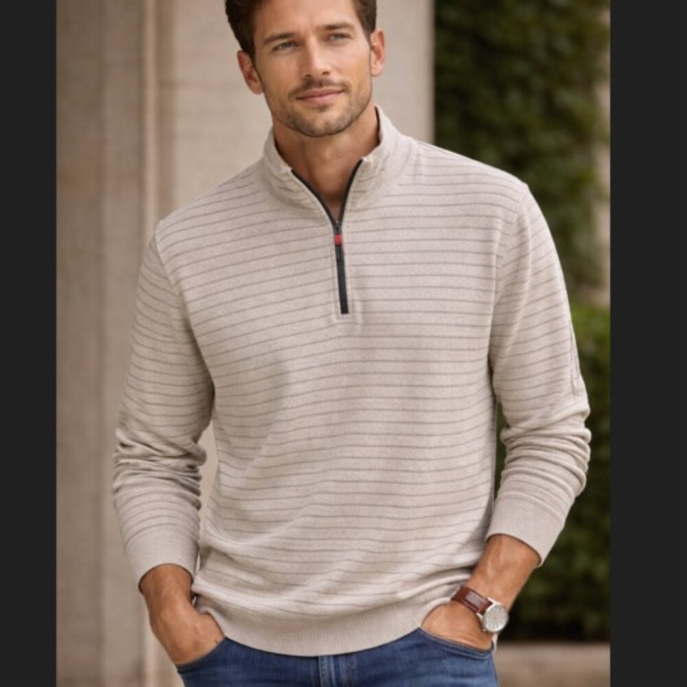 Cremieux Reversible‎ 1/4 Zip Sweater Mens M Tan Beige Stripe Cotton NWT Preppy